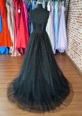 Shiny Black Lace Prom Dresses 2025 Tulle Long Formal Dress Spaghetti Straps MyChicDress