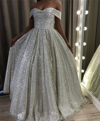 Shiny Silver Sequin Wedding Dresses Off the Shoulder Country Garden Bridal Gown MyChicDress