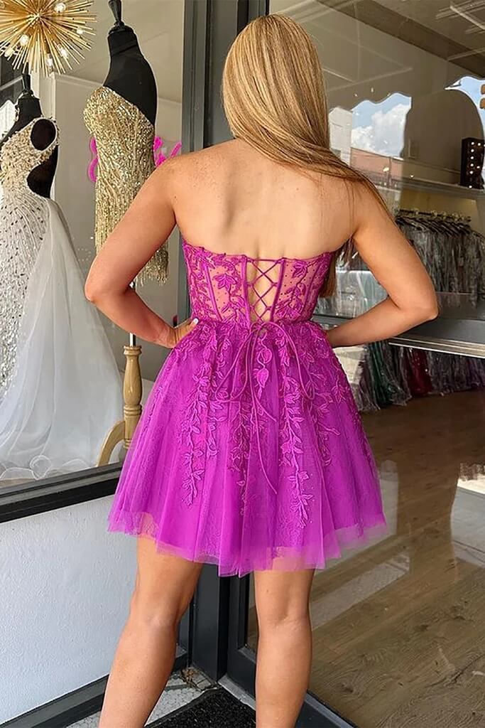 Short Fuchsia Lace Homecoming Dress Strapless Sweetheart Graduation Dress MyChicDress