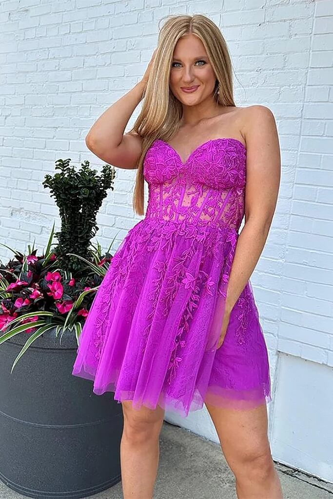 Short Fuchsia Lace Homecoming Dress Strapless Sweetheart Graduation Dress MyChicDress