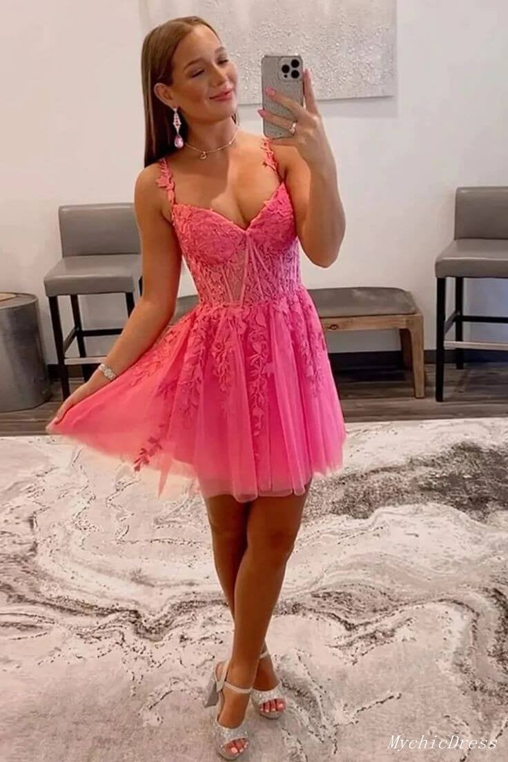 MyChicDress Short Hot Pink Lace Prom Dresses Off The Shoulder Homecoming Dresses 2025 US6 Same As Picture