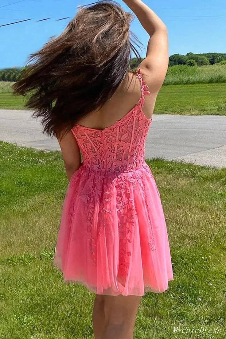 Short Hot Pink Lace Prom Dresses Off the Shoulder Homecoming Dresses MyChicDress