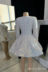 Short Long Sleeves Sequin Prom Dresses V Neck Glitter Mini Hoco Dress MyChicDress