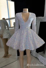 Short Long Sleeves Sequin Prom Dresses V Neck Glitter Mini Hoco Dress MyChicDress