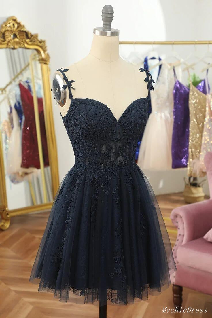 Short Navy Blue Homecoming Dresses Lace Wedding Guest Dress MyChicDress