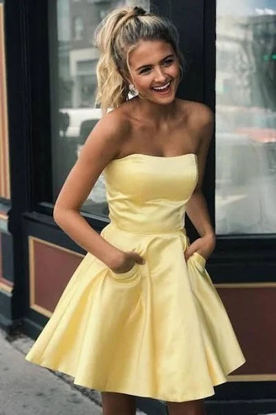 Short Round Neck Yellow Homecoming Dress Satin with Pockets MyChicDress