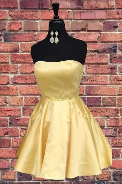 Short Round Neck Yellow Homecoming Dress Satin with Pockets MyChicDress