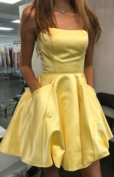 Short Round Neck Yellow Homecoming Dress Satin with Pockets MyChicDress