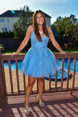 Short Sky Blue Homecoming Dress V Neck Lace Beaded Hoco Dress MyChicDress