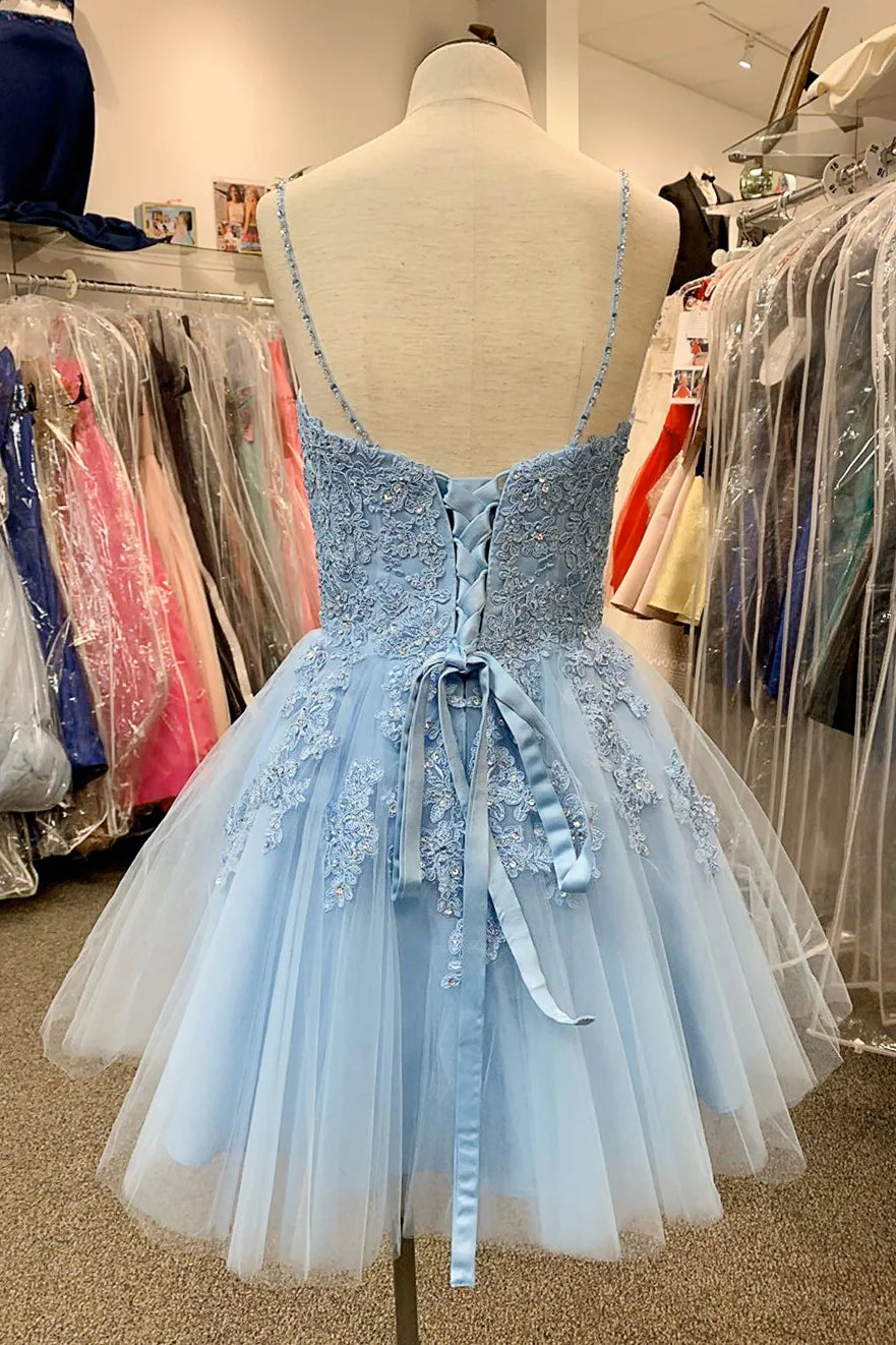 Short Sky Blue Homecoming Dress V Neck Lace Beaded Hoco Dress MyChicDress