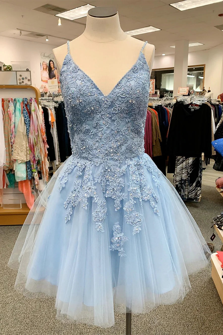 Short Sky Blue Homecoming Dress V Neck Lace Beaded Hoco Dress MyChicDress