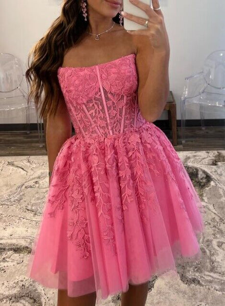 Cheap 2024 Hot Pink Lace Prom Dresses Strapless Sleeveless Formal Dres