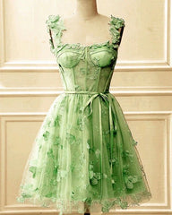 Short Sage Green Homecoming Dresses with Butterfly