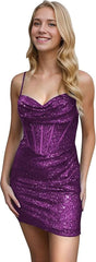 Short Sequin Corset Homecoming Dresses for Teens Ruched - MyChicDress