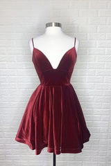 Simple Burgundy Velvet Winter Formal Dress Short V Neck Homecoming Dress MyChicDress