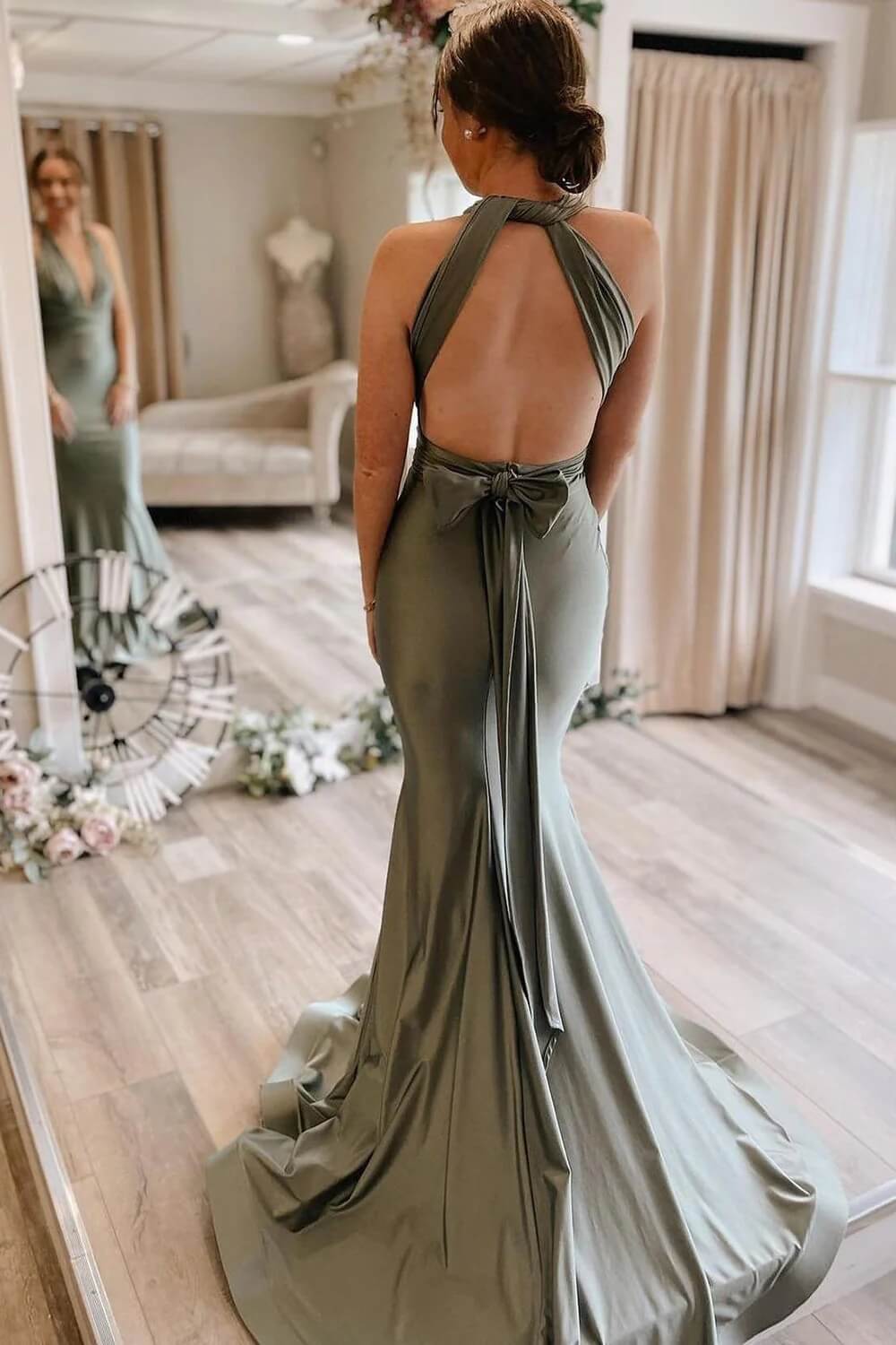 Simple Gray Green Wedding Guest Dress Mermaid Satin Bridesmaid Dresses Long MyChicDress