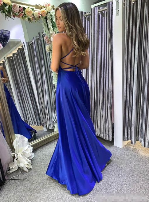 Simple Royal Blue Satin Prom Dresses Long Sleeveless Cheap Evening Dress UK MyChicDress