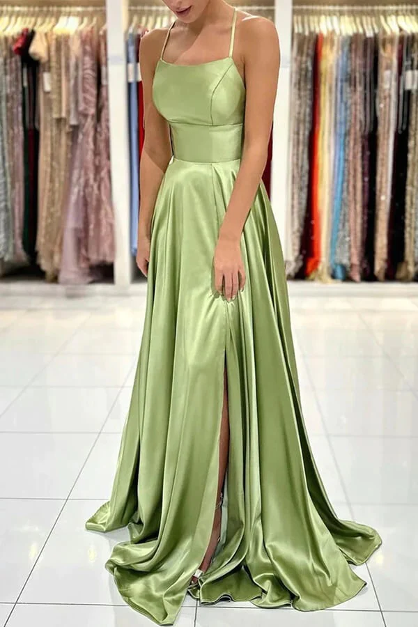 Simple Sage Green Satin Prom Dresses A-line Cheap Evening Dress Backless with Split MyChicDress