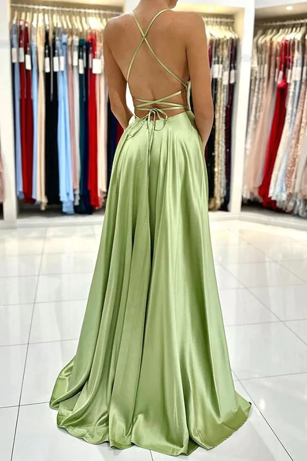 Simple Sage Green Satin Prom Dresses A-line Cheap Evening Dress Backless with Split MyChicDress