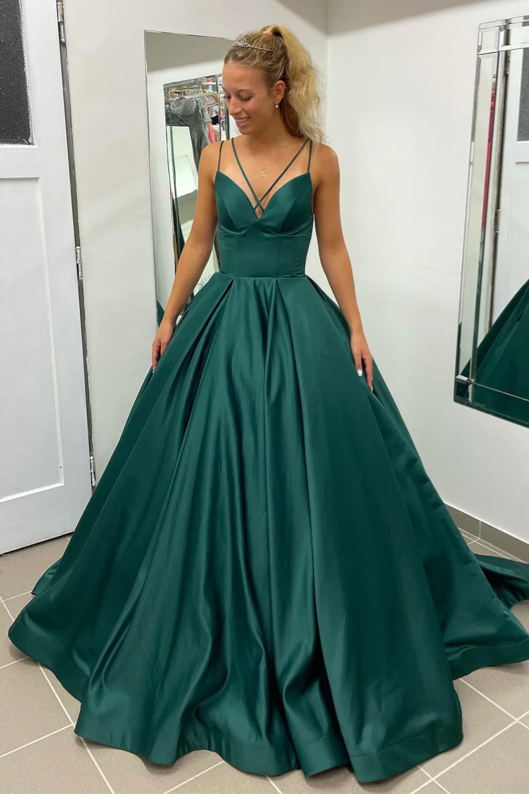 Off the Shoulder High Slit Emerald Green Satin Long Prom Dresses