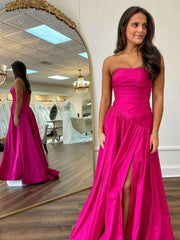 Simple Fuchsia Strapless Formal Prom Dresses Long with split