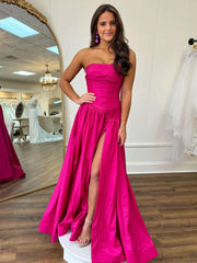 Simple Fuchsia Formal Prom Dresses Long Strapless with split