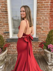 Simple Long V Neck Mermaid Red Formal Dress for Wedding Guests - MyChicDress