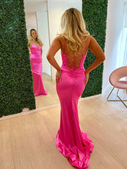 Simple V Neck Mermaid Hot Pink Formal Dresses for Wedding Guests