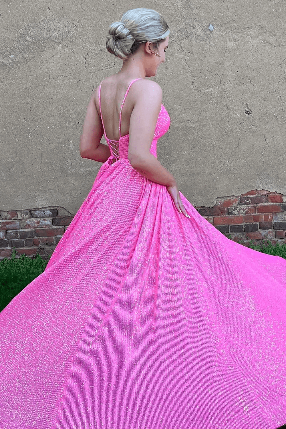 Sparkly Long Hot Pink Glitter Prom Dress A Line V Neck Straps Formal Dresses