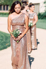 Sparkly One shoulder Long Sequins Bridesmaid Dresses Rose Gold Wedding Guest Dress - MyChicDress