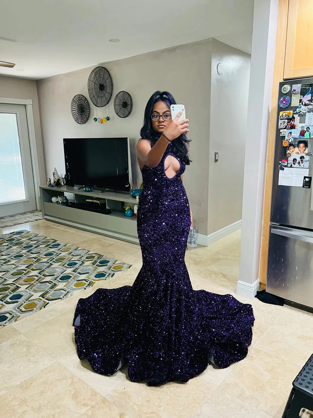 Sparkly Purple Sequined Prom Dresses Black Girls Mermaid Formal Dress