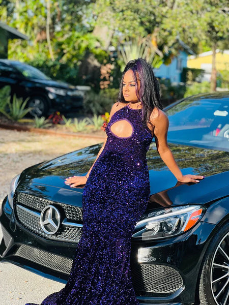 Sparkly Purple Sequined Prom Dresses Black Girls Mermaid Formal Dress MyChicDress