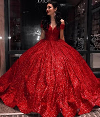 2025 Sparkly Red Ball Gown Wedding Dresses Sequin Off the Shouder Quince Dress