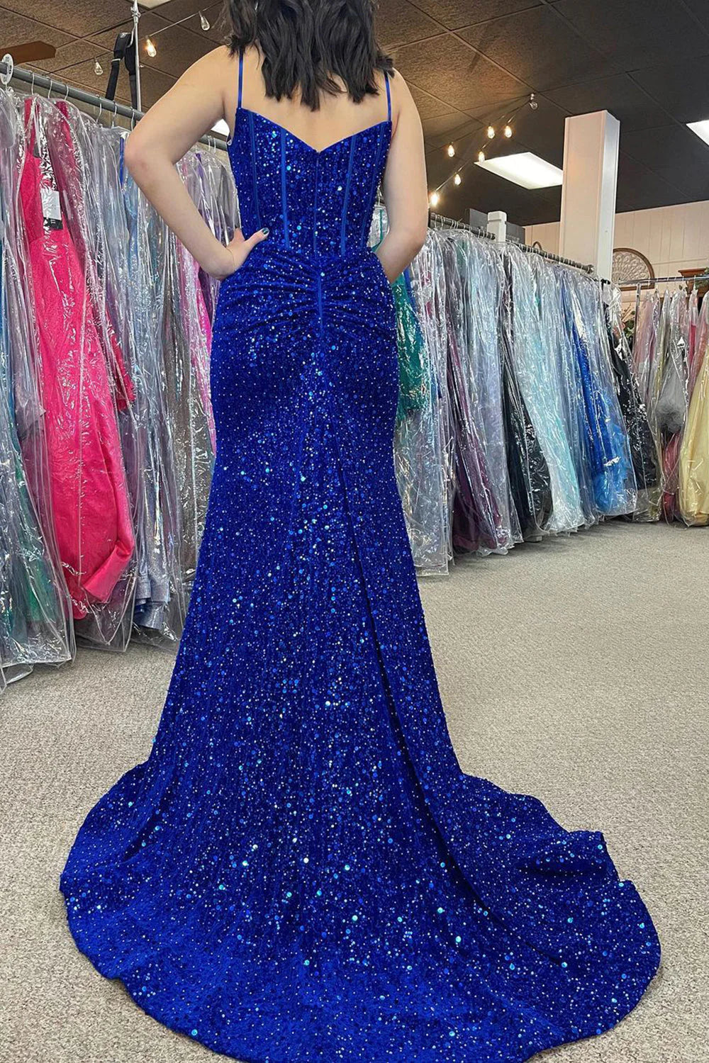 Sparkly Mermaid Royal Blue Corset Prom Dresses Sequins - MyChicDress