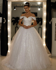 Sparkly Sequin Ball Gown Ivory Wedding Dresses Off The Shoulder