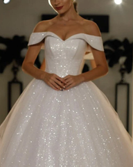 Sparkly Sequin Ball Gown Ivory Wedding Dresses Off The Shoulder