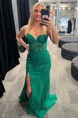 Strapless Long Green Prom Dress Lace Appliques Evening Gown UK