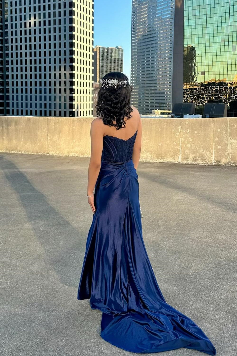 Strapless  Lace Prom Dresses Satin Mermaid navy Evening Gown UK - Mychicdress