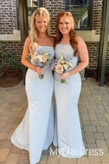 Strapless Light Blue Bridesmaid Dress Long Party Dress Ruched