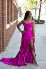 Strapless Mermaid fuchsia satin Prom Dress Cowl Neck mychicdress