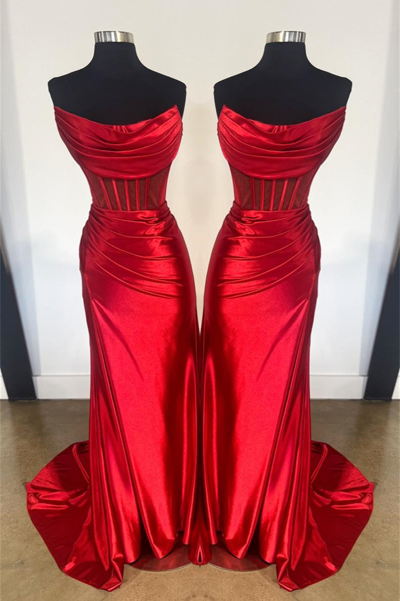 Strapless Mermaid red satin Prom Dress Cowl Neck mychicdress