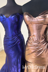 Strapless Purple Metallic Prom Dress Mermaid Semi Formal Dress With Split