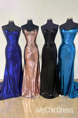 Strapless Purple Metallic Prom Dress Mermaid Semi Formal Dress With Split