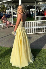 Strapless Yellow Prom Dresses Lace A-Line Formal Wear Online