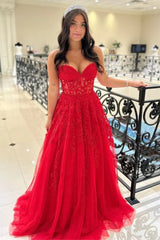 Strapless red Prom Dresses Lace A-Line Formal Wear Online