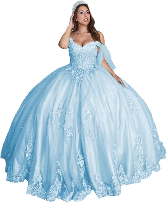 Sweet 16 Dress light blue Lace Quinceanera Dresses Off the Shoulder Ball Gown