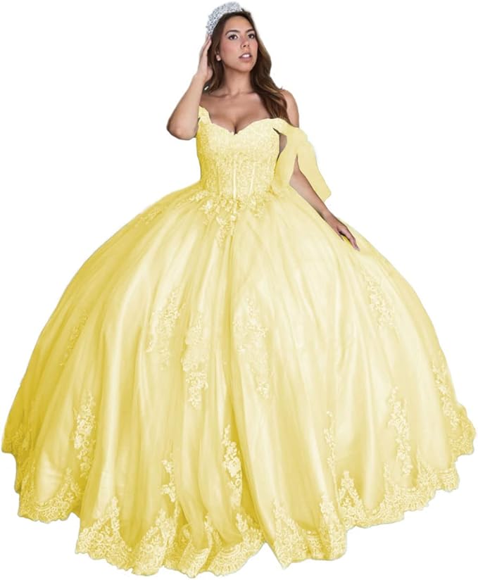 Sweet 16 Dress  Lace yellow Quinceanera Dresses Off the Shoulder Ball Gown