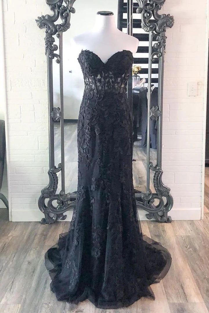 Sweetheart Mermaid Lace Black Corset Prom Dresses Cheap Long Formal Dresses - MyChicDress