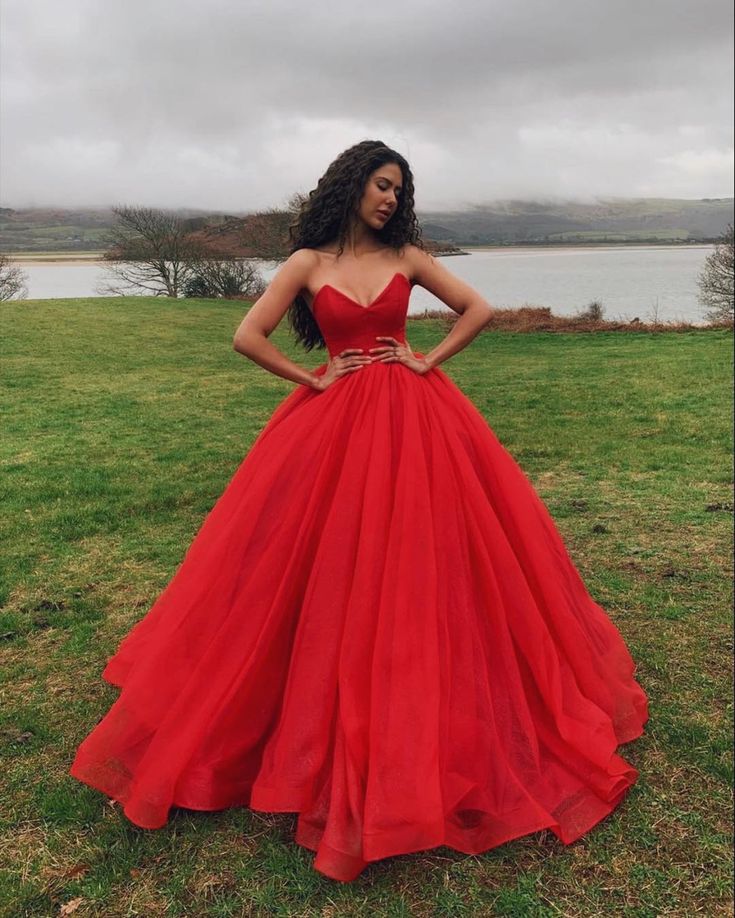 Red strapless ball gown on sale