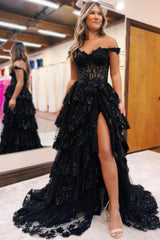 Plus Size Tiered Black Prom Dress Ruffles Off the Shoulder Sequin Lace - MyChicDress